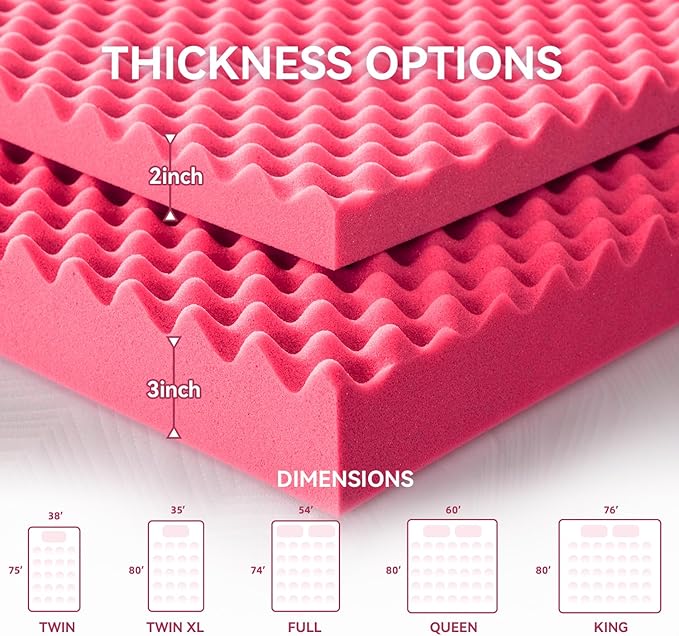 SINWEEK 2 Inch Egg Crate Memory Foam Mattress Topper Full Size, Soft Mattress Pad for Back Pain Relief, Bed Topper, CertiPUR-US Certified, Pink