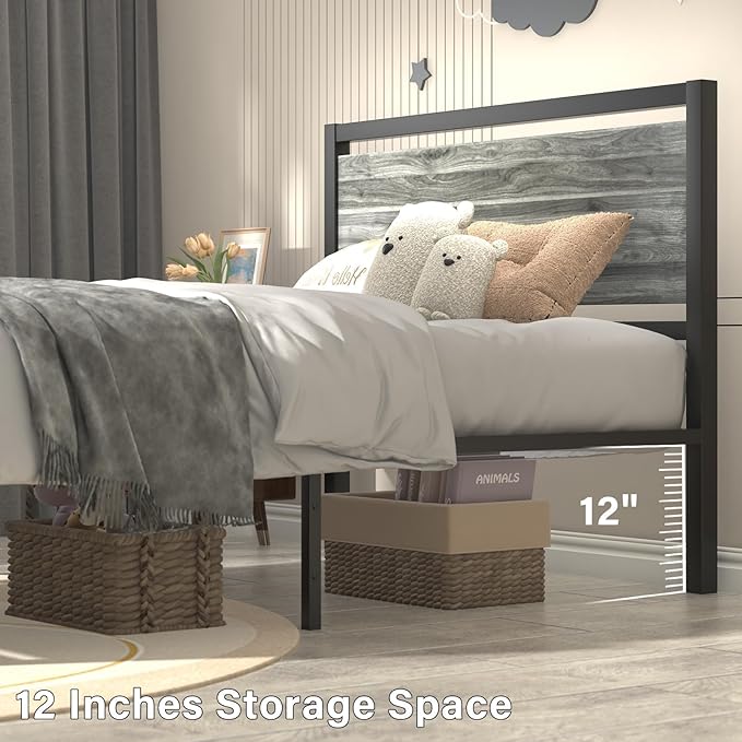 Full Size Bed Frame with Headboard, Industrial Style Full Bed Frame, Bed Frame Full Size with Wooden Footboard, No Box Spring Needed, Noise-Free, Easy Assembly, Wash Grey
