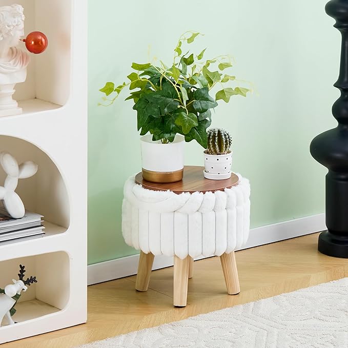 Wimarsbon Storage Ottoman,Soft Faux Fur Footstool with Padded Seat, Small Reading Vanity Chair, Footrest with Wood Tray for Couch, Mini Coffee Table or Display Stand (Cream, Round Storage)