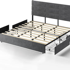 WLIVE King Size Upholstered Bed Frame with 4 Storage Drawers and Headboard, Velvet Platform Bedframe, Sturdy Metal & Wooden Slats Support, No Box Spring Needed, Easy Assembly, Dark Grey