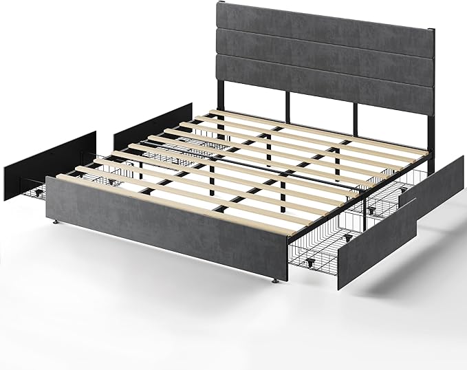 WLIVE King Size Upholstered Bed Frame with 4 Storage Drawers and Headboard, Velvet Platform Bedframe, Sturdy Metal & Wooden Slats Support, No Box Spring Needed, Easy Assembly, Dark Grey