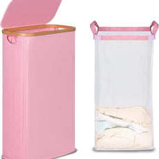 efluky Slim Laundry Basket with Lid, Narrow Laundry Hamper with Removable Bag, Skinny Dirty Clothes Basket with Bamboo Handles for Bathroom, Bedroom & Laundry Room, 63L Pink