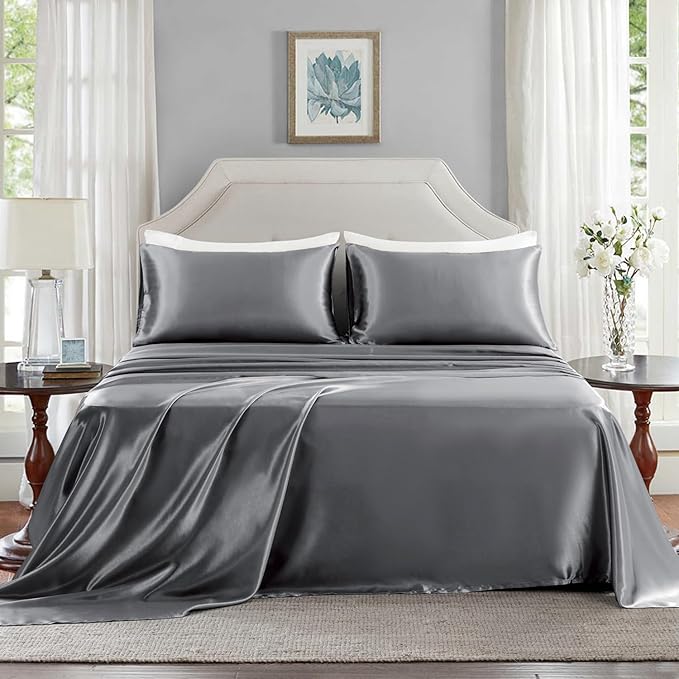 Satin Sheets Full Size - 4 Pieces Luxury Silky Soft Bed Sheets, Wrinkle-Free Dark Grey Satin Silk Sheet Set with 1 Deep Pocket Fitted Sheet, 1 Flat Sheet, 2 Pillow Cases