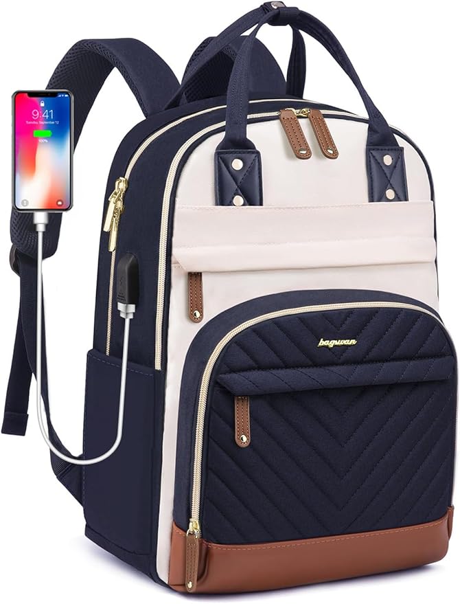 Laptop Backpack for Women Work Bookbag: 17.3 Inch College Backpacks with USB Charger School Book Bag Waterproof Travel Computer Back Pack Anti-Theft Casual Bookbags for Girls Teacher Nurse Navy Blue