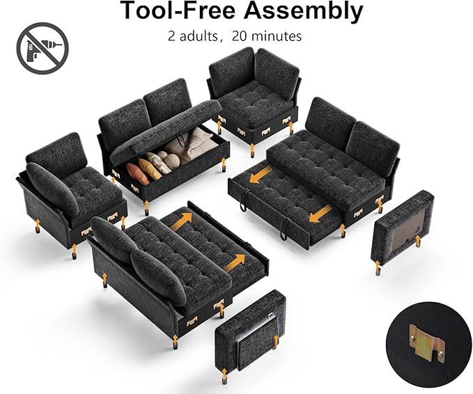 WEUP 8 Seat U Shaped Sectional Sleeper Sofa Bed with Pull Out Bed, Chenille Sectional Sleeper Couch with Adjustable Backrest, USB Ports, LED, Side Table, Tool-Free Assembly, Chenille Black