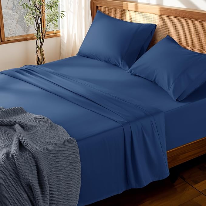 LBRO2M 100% Cotton Sheets Set Deep Pocket 19", 1000 Thread Count King Size 4 Piece Bed Sheet Sets Soft Comfortable Bedding All Season (King, Navy Blue)