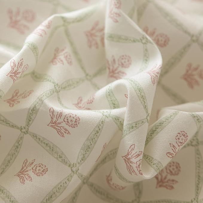 mixinni Red Floral Duvet Cover Set Twin XL Size - 100% Cotton Green Grid Bedding with Bow Ties, 3PC Cottagecore Comforter Cover (1 Duvet Cover + 2 Pillowcases) Vintage Garden Style Soft Aesthetic