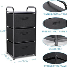 MAX Houser Dresser Storage with 3 Easy Pull Fabric Drawers, Fabric Dresser Tower,Vertical Storage Unit for Bedroom,Chest of Drawers with Metal Frame, Wooden Tabletop, for Living Room, Closet (Black)