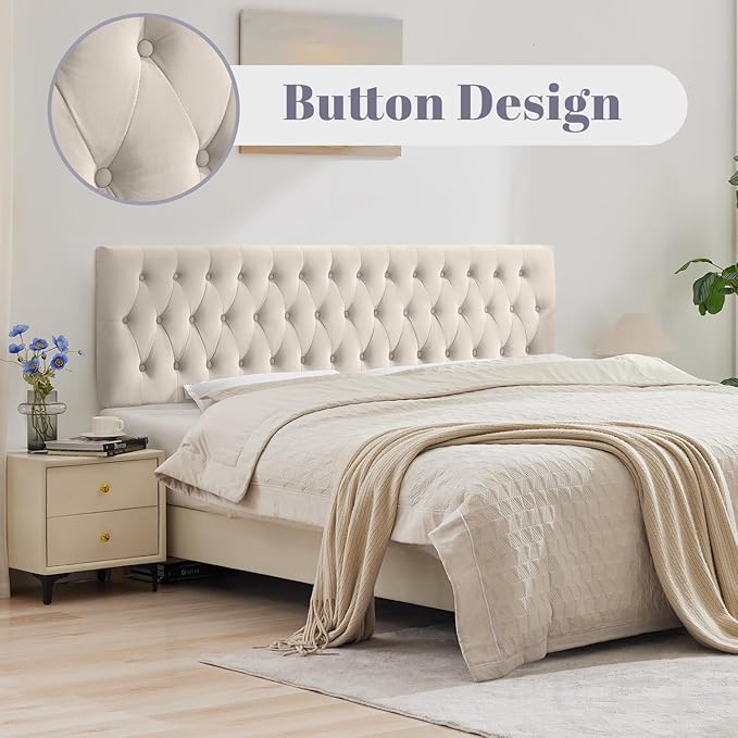 Kingfun Cal King Headboard only, Premium Velvet Upholstered Headboards in Modern Button Design, Tufted Bed Headboard, Adjustable Solid Wood Head Board (Beige)