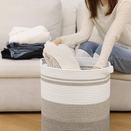 OIAHOMY 58L Laundry Baskets-Laundry Hamper, Storage Basket with Handles, Decorative Basket for Living room, Woven Storage Basket for Toys Bin, Pillows, Blankets, Clothes-18x16in-Gradient Brown