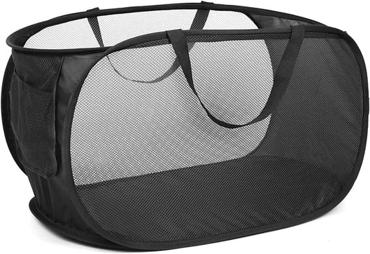 Durable Collapsible Laundry Baskets, Mesh Pop Up Laundry Hamper with Side Pocket, Foldable Clothes Storage Hamper with Reinforced Carry Handles for Laundry, Bathroom, Kids Room, Dorm or Travel Black