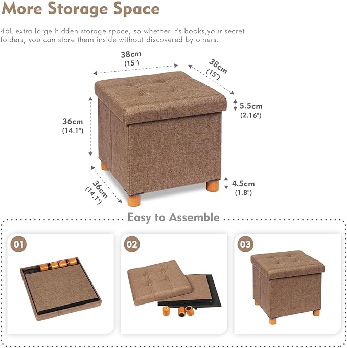 B FSOBEIIALEO Storage Ottoman with Tray, Foot Stools and Ottomans with Legs, Storage Cube Seat Linen Brown 15"