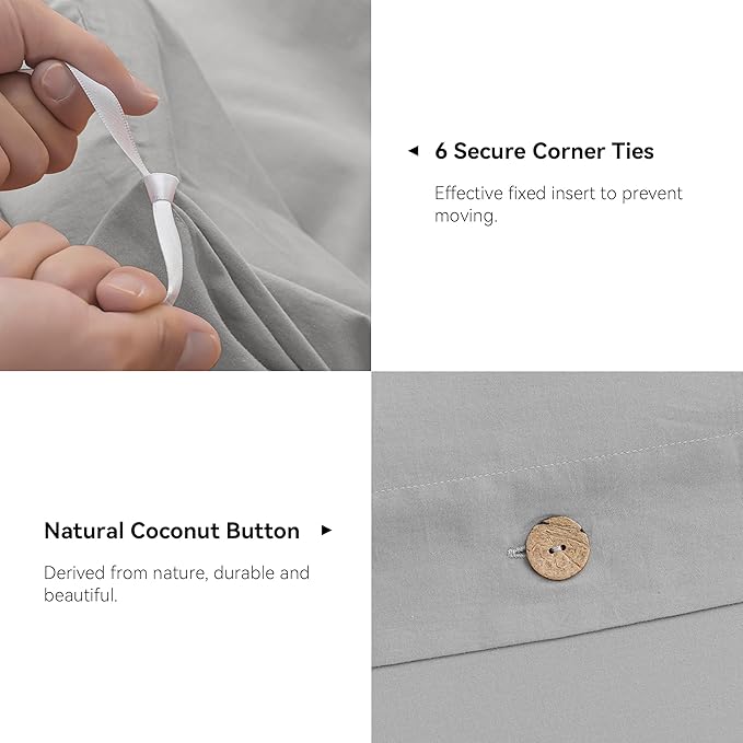 JELLYMONI Cotton Duvet Cover Queen Size - Light Gray Comforter Cover with Button 100% Washed Cotton 3PCS Breathable Soft Solid Bedding Set Duvet Cover 90×90in & 2 Pillowcases (NO Comforter)
