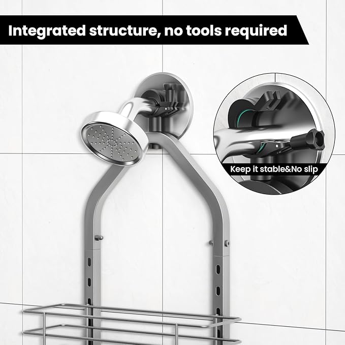 Shower Caddy Hanging (Silver), Adjustable Anti-Swing-Over The Shower Head Caddy, 3 Tier Height Bathroom Storage Organizer Bathroom Shelves Basket Rack Shower Caddies (3Tier)