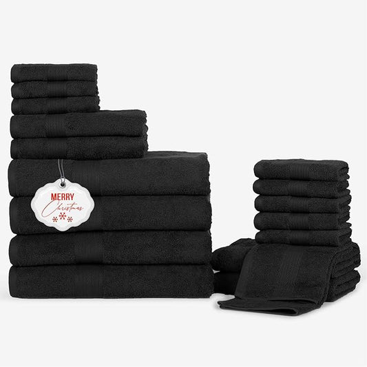 Ample Decor Bathroom Towel Set of 18-4 Hand Towel, 4 Bath Towel, 10 Wash Cloths - Oeko Tex Certified 600 GSM 100% Cotton - High Absorbency Quick Drying, Ideal for Gifting - Black