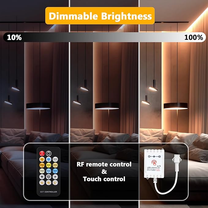 DAYBETTER COB LED Strip Lights, Tunable White(2700K-6500K) COB LED Lights with 6080 LEDs, 24V Adapter, RF Remote, Dimmable High Density Uniform LED Strip for Bedroom, Kitchen, Cabinet, CRI90+, 32.8ft