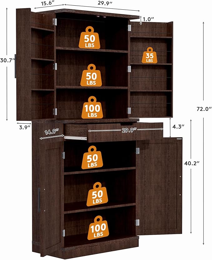 72" Tall Storage Cabinet, Kitchen Pantry Cabinet with Adjustable Shelves & Sturdy Steel Frame, Farmhouse Pantry Storage with 4 Barn Doors for Kitchen, Dining Room, and Living Room, Dark Grey