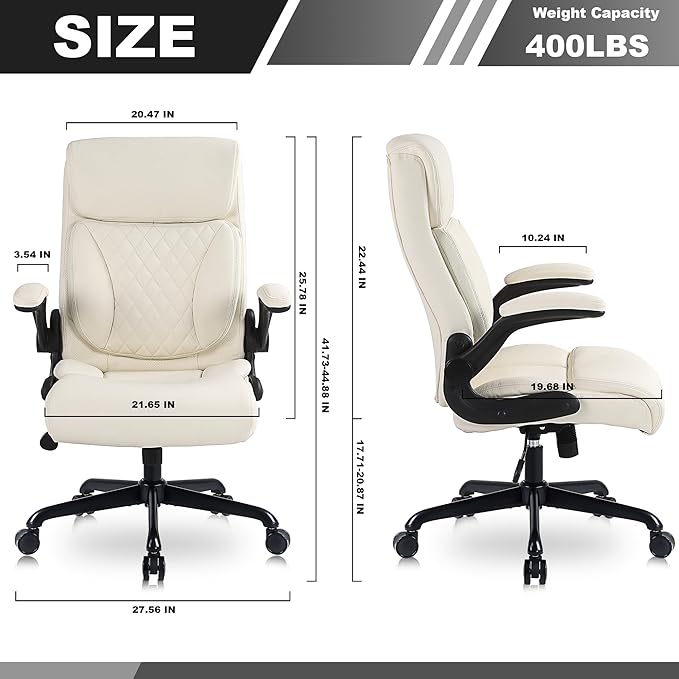 Youhauchair Executive Office Chair, Ergonomic PU Leather Computer Desk Chair with Lumbar Support, Flip-up Armrests and Adjustable Height, for Home Office, Beige