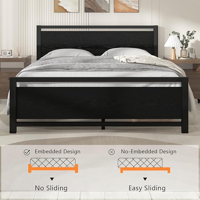 Full Size Bed Frame with Headboard, Industrial Style Full Bed Frame, Bed Frame Full Size with Wooden Footboard, No Box Spring Needed, Noise-Free, Easy Assembly, Black