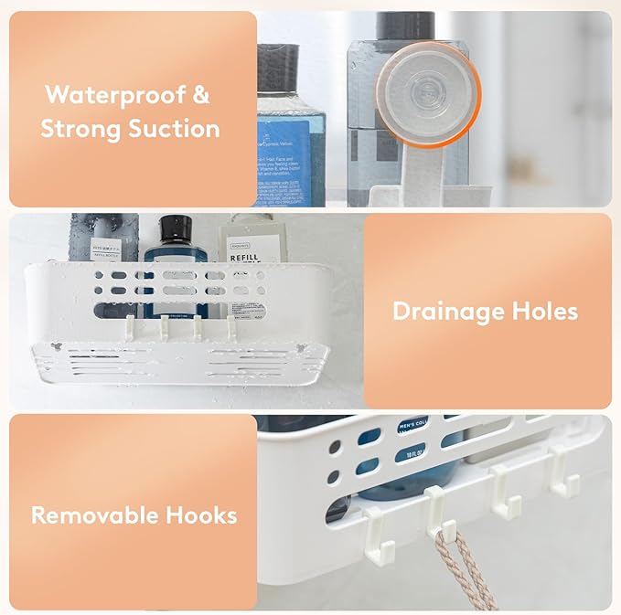 Lifewit Shower Caddy Suction Cup, 12.4inch Large Removable Shower Shelves for Inside Shower, NO-Drilling Bathroom Organizers and Storage Rack for Shampoo Strong Vacuum Suction, 2 Pack