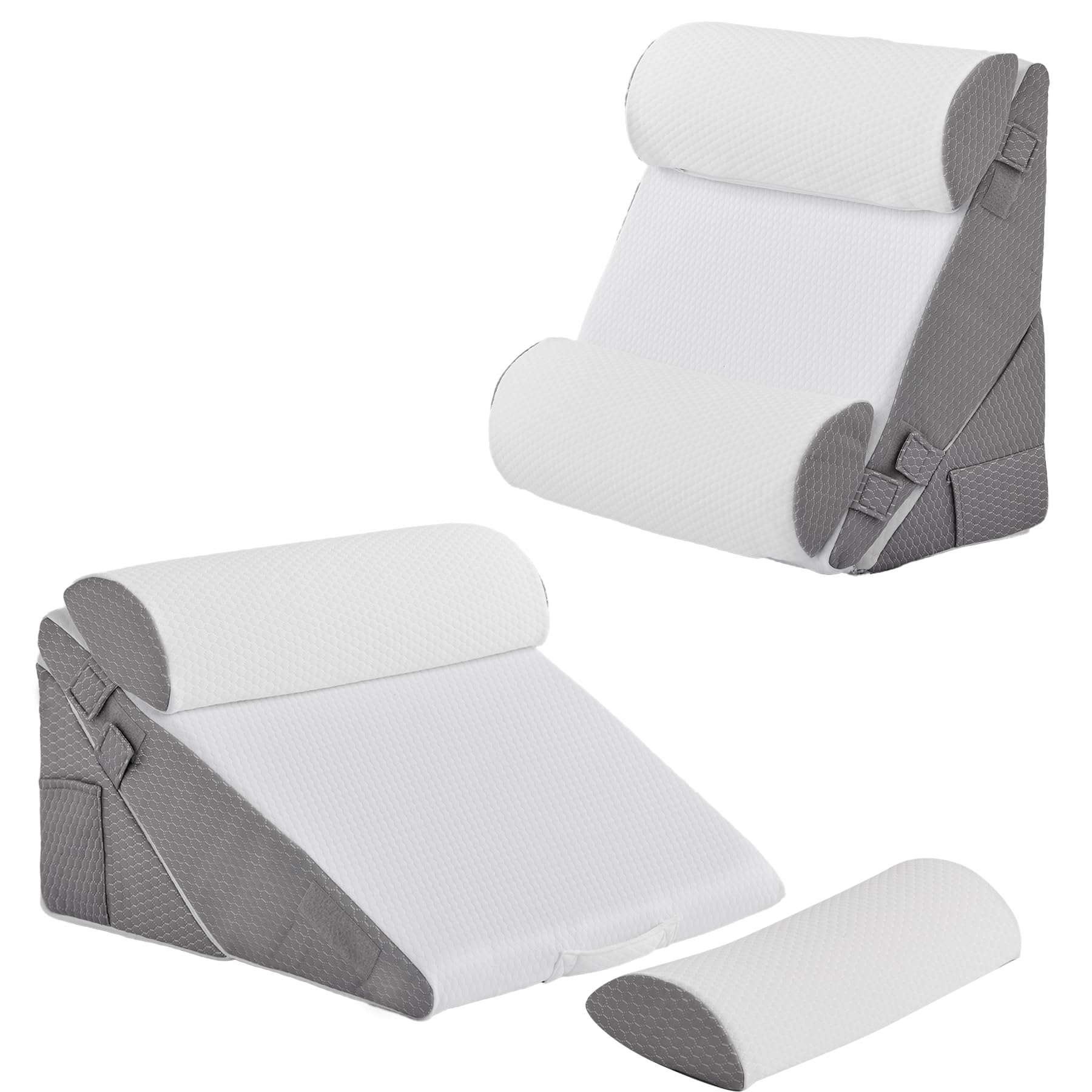 Bedluxe Wedge Pillow Headboard, 3PCS Orthopedic Bed Wedge Pillows Set for After Surgery, Adjustable Pillow Wedge for Acid Reflux&Back Pain Relief, Sleeping, Back Pillow for Bed Sitting Up, White/Grey Dormly