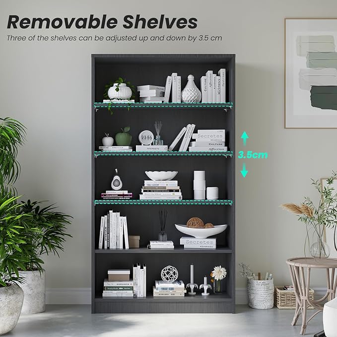 Farini 5 Shelf boockase Display Bookcase Freestanding Wooden Bookshelves for Home Office Living Room,60 Inch Height,Grey