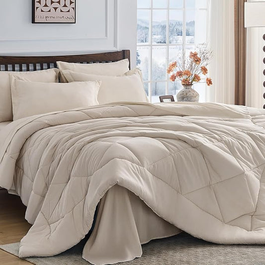 HEVUMYI Beige Tan Twin Comforter Set - 5-Piece All Season Bed in a Bag Twin, Ultra Soft Bedding Set with Comforter, Flat Sheet, Fitted Sheet, Pillowcases, Pillow Shams, Beige Tan