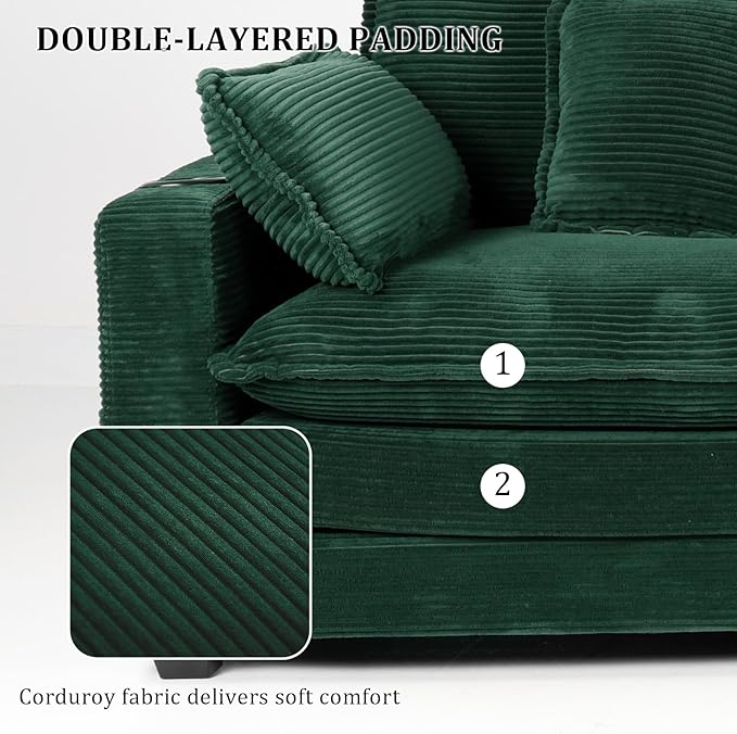 Gexpusm Modular Sectional Sofa,99" Couches for Living Room,Corduroy Sofa with Ottoman & Pillow,Cloud Sectional Couch with Cup Holders & USB,Side Pockets,3-Seat Corduroy Boneless Chair Indoor (Green)