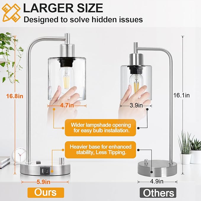 Set of 2 Industrial Table Lamps with USB C+A Ports and Outlet, Brushed Nickle Fully Stepless Dimmable Bedside Lamps, Nightstand Lamp with Clear Glass Shade for Bedroom Living Room 2 LED Bulb Included