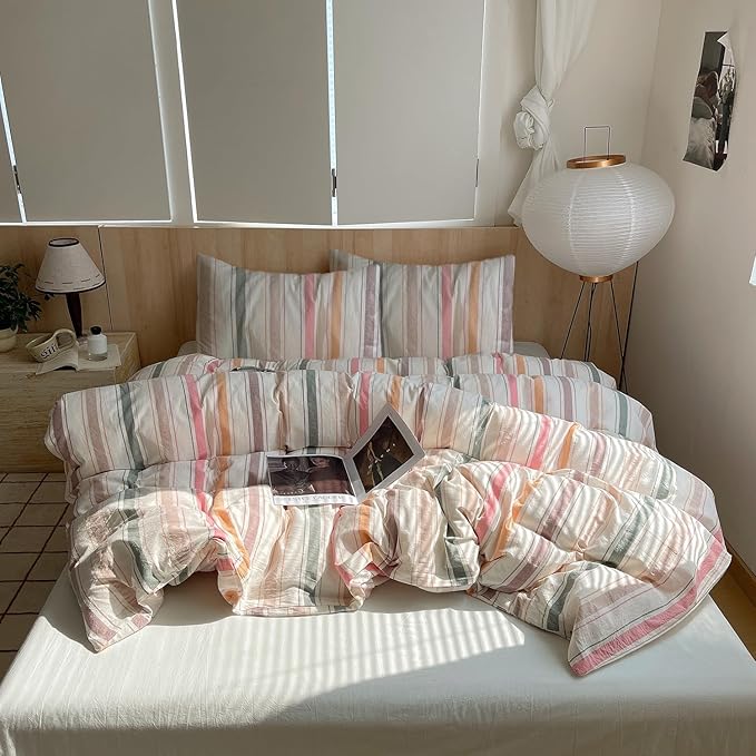 VM VOUGEMARKET Striped Duvet Cover Set Queen Washed Cotton Bedding Multicolor Stripes Duvet Cover with 2 Pillowcases for Girls Women(Orange/Pink/Green/Coffee)