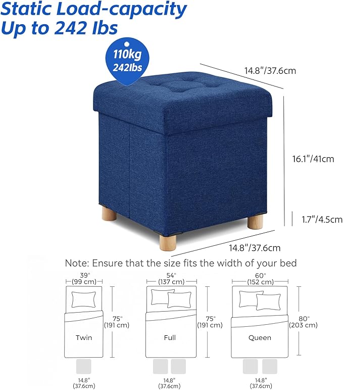 BRIAN & DANY Small Ottoman with Storage, Foot Stool Ottoman Storage Cube, Foot Rest for Couch with Legs, Navy Blue 14.8" x 14.8" x 16"