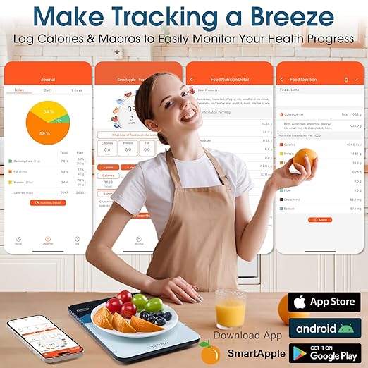 AIMILAR Smart Kitchen Scale - 10kg/22lb Rechargeable Food Scale with Nutritional Calculator, Calorie Counting, Tare Function, USB-C Charging, in g/lb:oz/oz/ml, LED Display, Tempered Glass