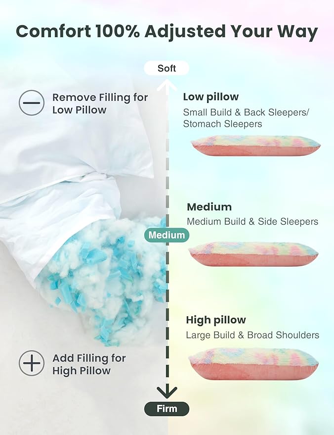 ZonLi Fluffy Faux Fur Rainbow Body Pillow,Adjustable Memory Foam Fill with Washable Cover，20x54 Long Pillow for Adults Girls & Kids, Side Sleep Body Pillow