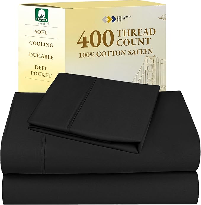 California Design Den Soft Twin Sheets Set - 400 Thread Count Sateen, 100% Cotton Sheets, Deep Pockets, and Durable Bedding Set for Dorm Rooms & Adults - Black