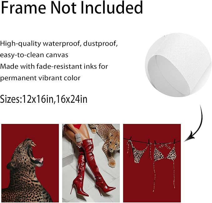 XLYFVLGF 3Pcs Red Fashion Leopard Wall Art Cheetah Wall Decor Pictures Stylish long boots print Bikini Painting Artwork for Living Room Bedroom Bathroom Corridor Home Decoration 12x16in Poster