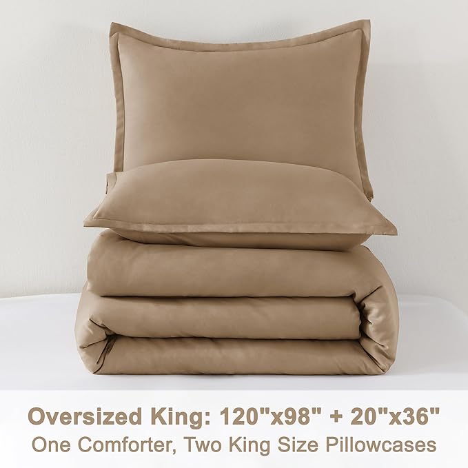 Litanika Comforter Set, Lightweight Solid Bedding Comforter Set, Fluffy Down Alternative Bed Set, Amber Brown, Oversized King