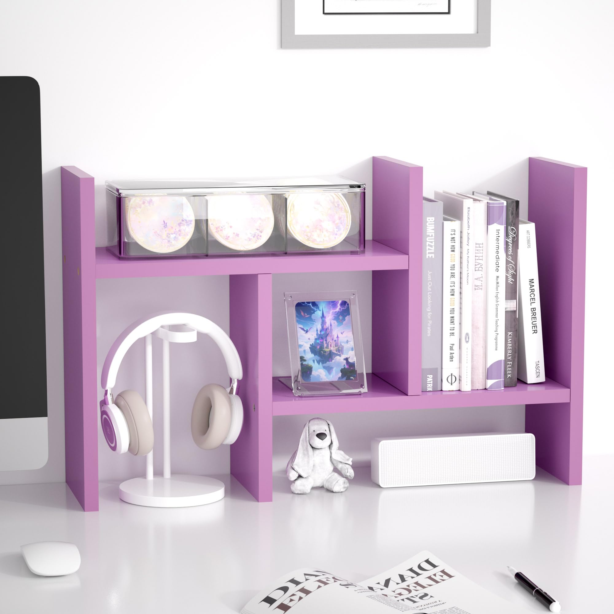 Jerry & Maggie Desktop Organizer Office Storage Rack Adjustable Wood Display Shelf Free Style Double H, Multi-Functional Mini Bookshelf for Desk Natural Stand (Violet) Dormly