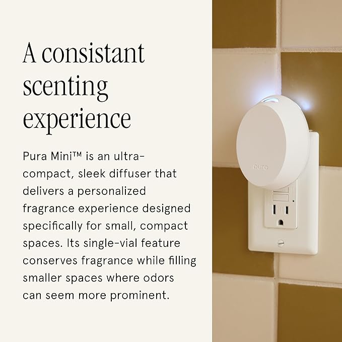 Pura Mini Smart Fragrance Diffuser for Small Spaces Adjustable Smart Home Device with LED Light & Automatic Vial Detection - Includes 1 Scent Refill; White Tea no.1