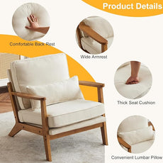 Karl home Accent Chair Wide Armrest Mid-Century Lounge Chair Linen Fabric Armchair with Lumbar Pillow & Solid Wood Frame for Living Room, Bedroom, Balcony, Beige