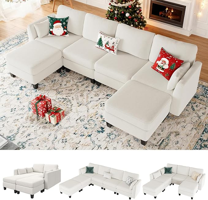 Modular Sectional Sofa, Convertible U Shaped Sofa Couch with High Density Memory Foam, Modern U Shaped Sectional Sofa, 6 Seat Comfy Modular Sofa Couch for Living Room, Beige