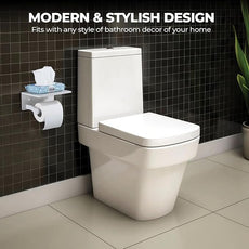 Toilet Paper Holder with Phone Shelf - Tissue Roll Holder Bathroom Storage Dispenser - Adhesive Toilet Paper Holder Wall Mount Bathroom Décor - Matte White