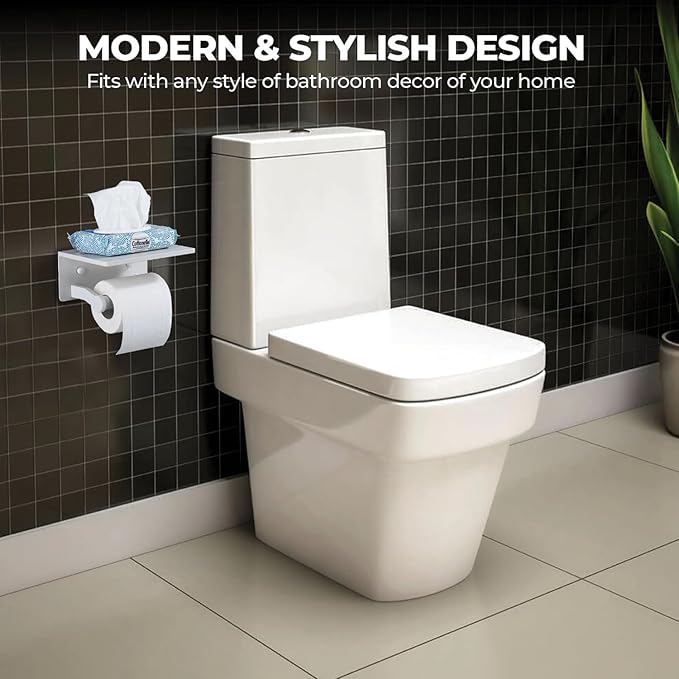 Toilet Paper Holder with Phone Shelf - Tissue Roll Holder Bathroom Storage Dispenser - Adhesive Toilet Paper Holder Wall Mount Bathroom Décor - Matte White