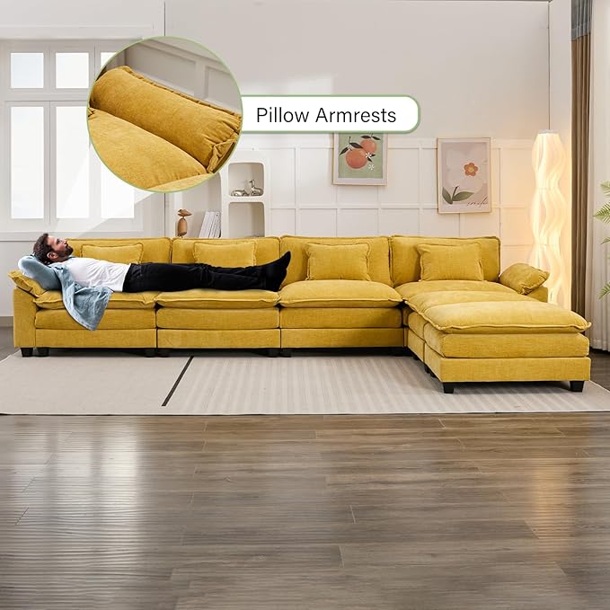 154" Modular Sectional Sofa, Comfy Cloud Couch Sectional Sofa with Ottoman, Chenille Sofa Sleeper Deep Seat Sofa with Throw Pillows for Living Room (Yellow, 154"- U Shape)