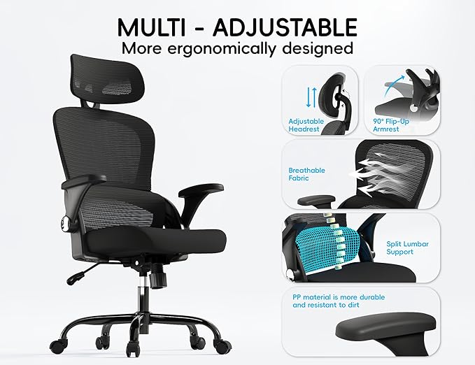 TRALT Office Chair - Ergonomic Office Chair with Back Support, Computer Chair - Home Office Desk Chair, 330 lbs Wide Seat Big and Tall Office Chairs with Headrest, Comfy Desk Chairs (Black)