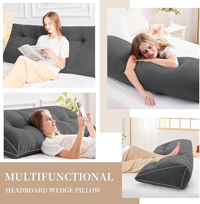 Sasttie Headboard Pillow Queen, Triangular Wedge Pillow Headboard, Wedge Headboard Pillow for Bed Sofa, Daybed Pillows for Sitting up, Reading or Working with Removable Cover, Dark Grey