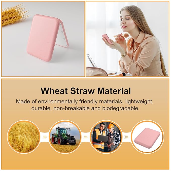 Kintion Rechargeable Pocket Mirror, Double Sided 1X/3X Magnification Compact Vanity Mirror, 3 Color Lights, Dimmable, Small and Portable Lighted Travel Mirror for Women Gifts, Wheat Straw Pink