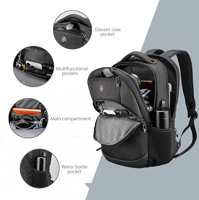 Swissdigital Design Business Laptop Backpack, College Laptops Backpack with USB Charging Port for Men and Women Fits 16 Inch Notebook, Blac k-Finder Color Random