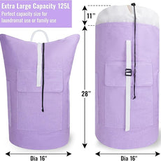 Laundry Bag Backpack, 125L Extra Large Travel with Shoulder Straps, Adjustable & Extendable Design, Laundry Hamper Bag with 3 Pockets for Laundromat, College, Travel, Camping (Purple)