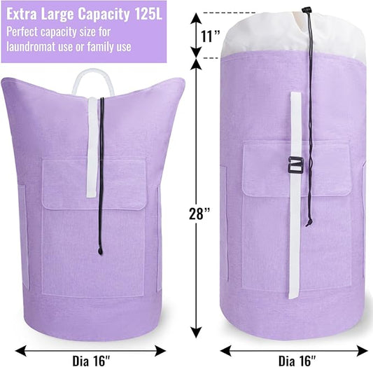 Laundry Bag Backpack, 125L Extra Large Travel with Shoulder Straps, Adjustable & Extendable Design, Laundry Hamper Bag with 3 Pockets for Laundromat, College, Travel, Camping (Purple)