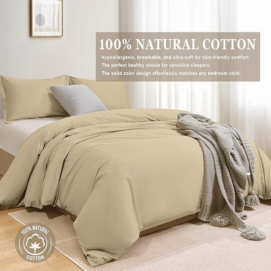 100-Percent Cotton Duvet Cover Set, Hidden Zipper Closure, Ultra Soft, Easy Care and Durable, Simple Bedding Style, Twin, Khaki (Comforter Not Included)